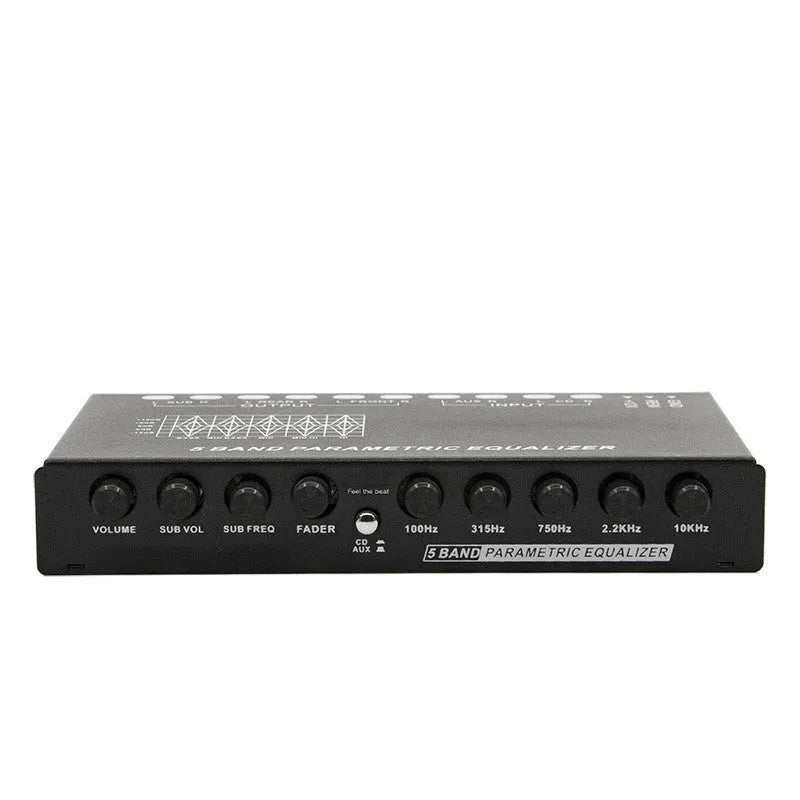Black car audio EQ equaliser and frequency division amplifier with control panel and connection ports