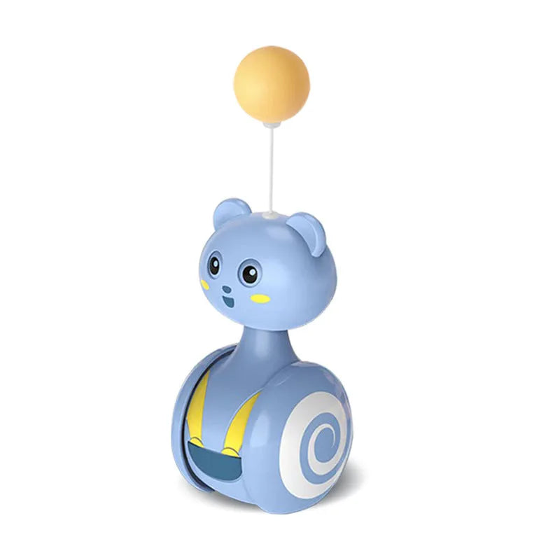 Interactive cat tumbler toy with rotating ball and feather wand in pink and blue colours