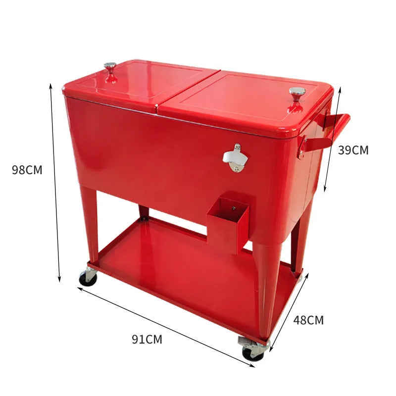 Red metal outdoor insulated trolley ice bucket with 750ml capacity