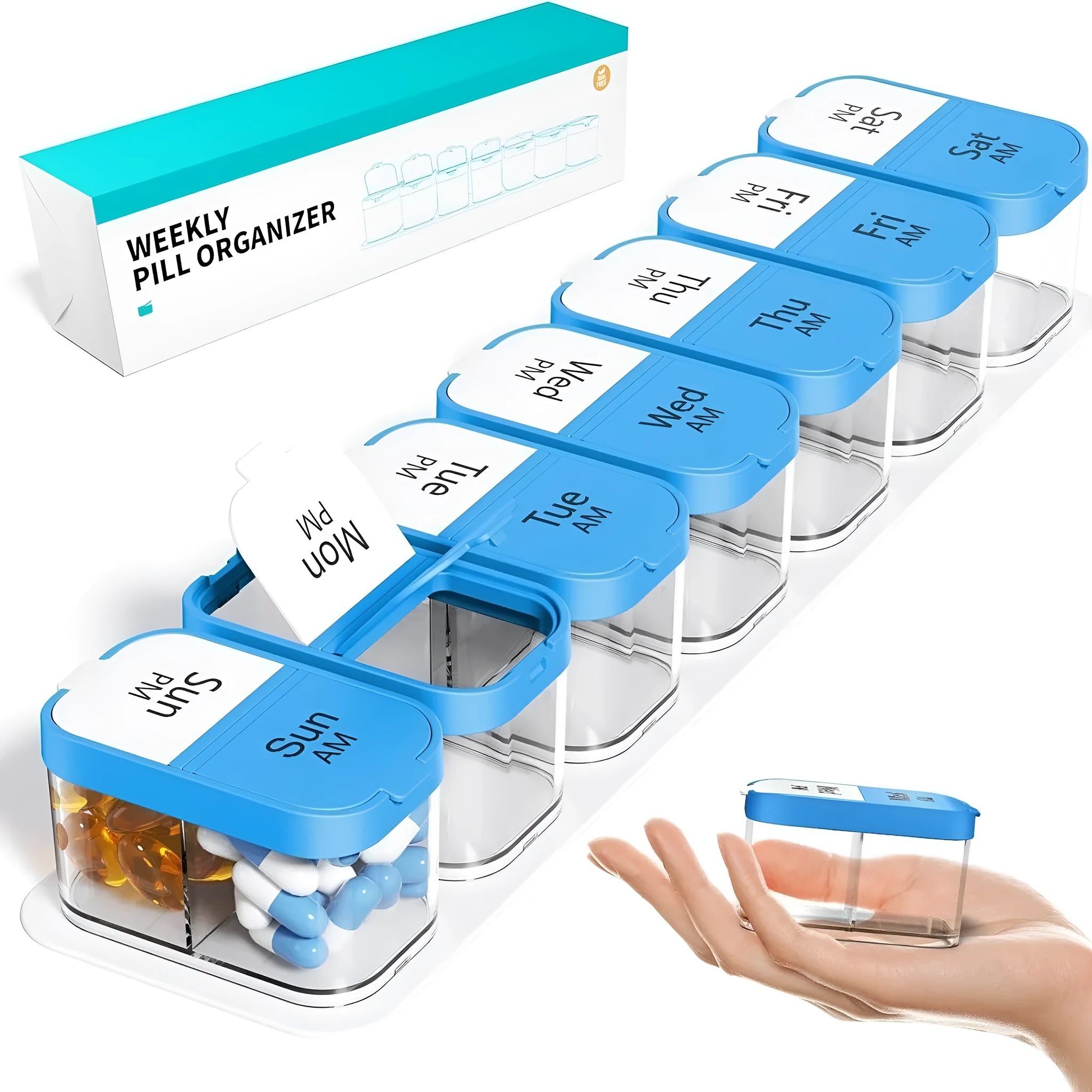 Large white and rainbow coloured plastic pill organiser box with 14 removable compartments and a dustproof lid.