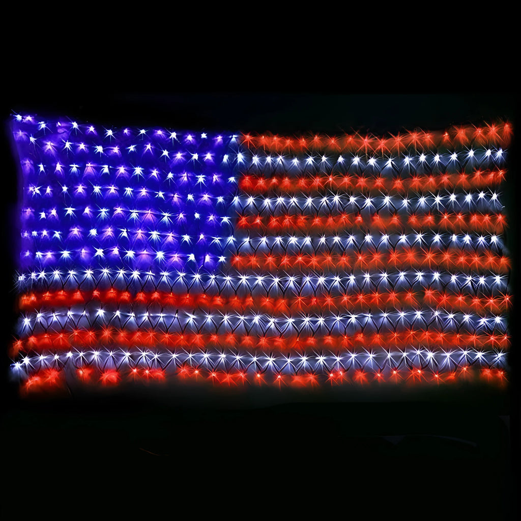 American flag solar net light grid shape red white blue LEDs on dark background