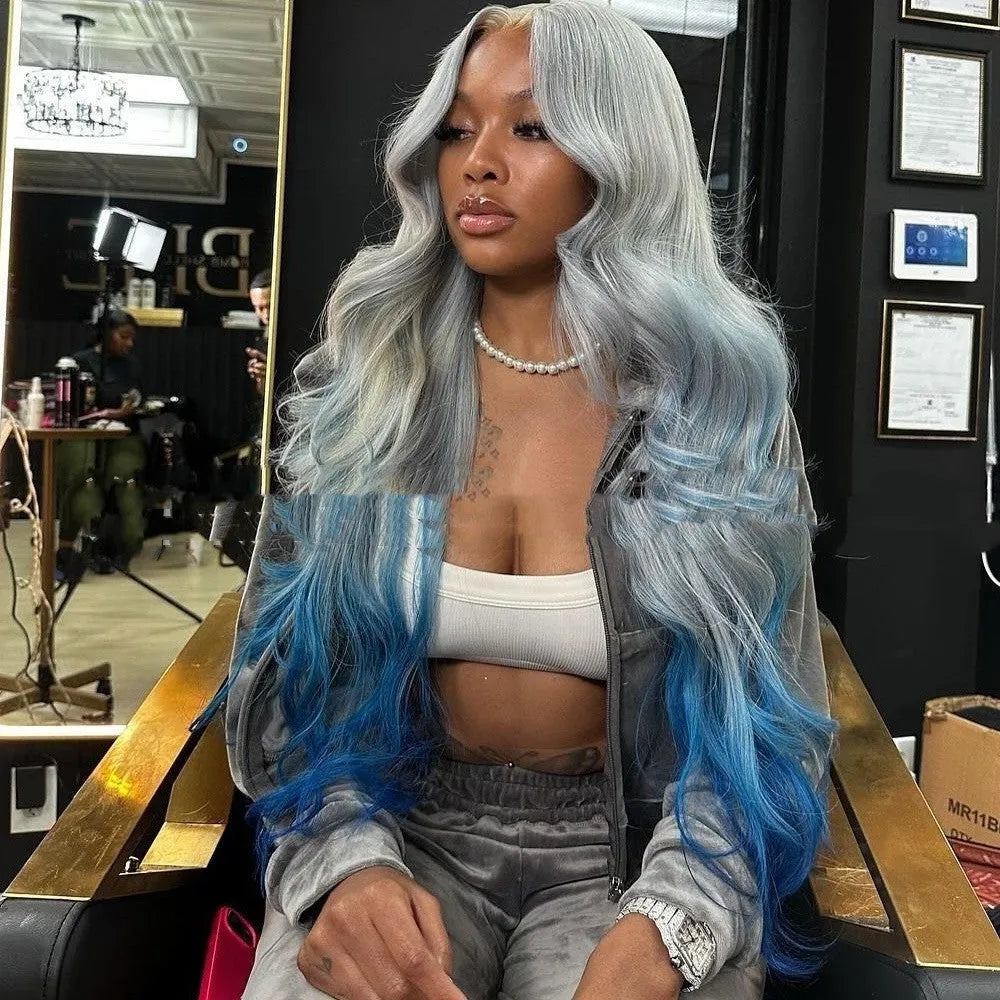 Grey blue gradient colour human hair lace front wig with 4x4 hand-tied lace, shown in ruili style.