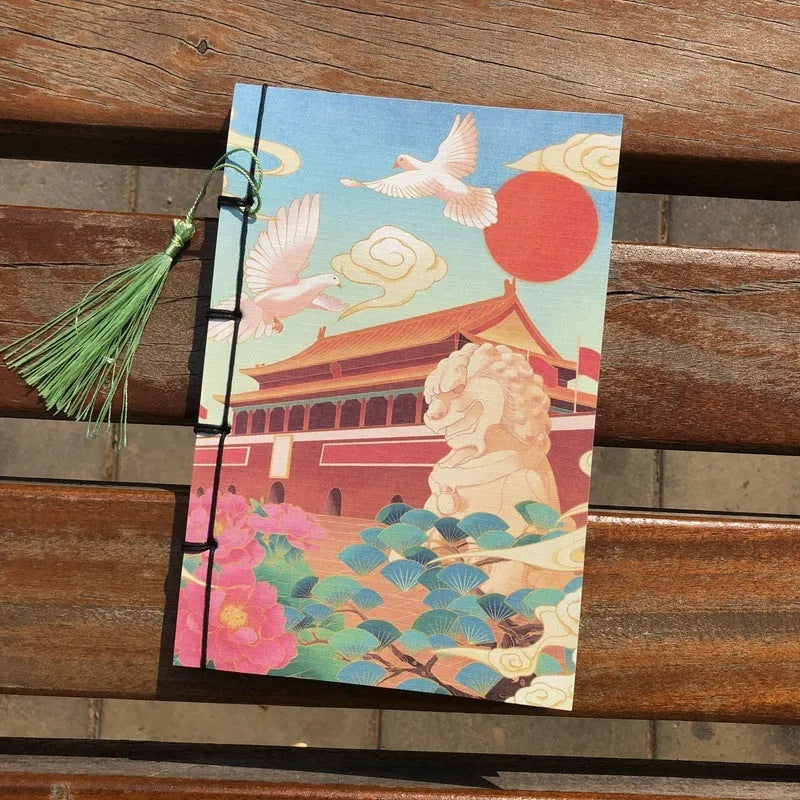 A5 antique wire-bound notebook with retro painting design on white cowhide cover