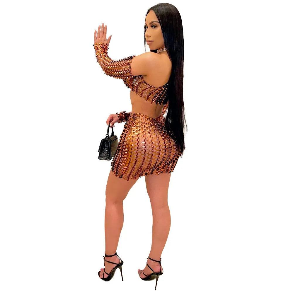 Women's black two-piece dress set with net hole hollow-out design on sleeveless top and short skirt