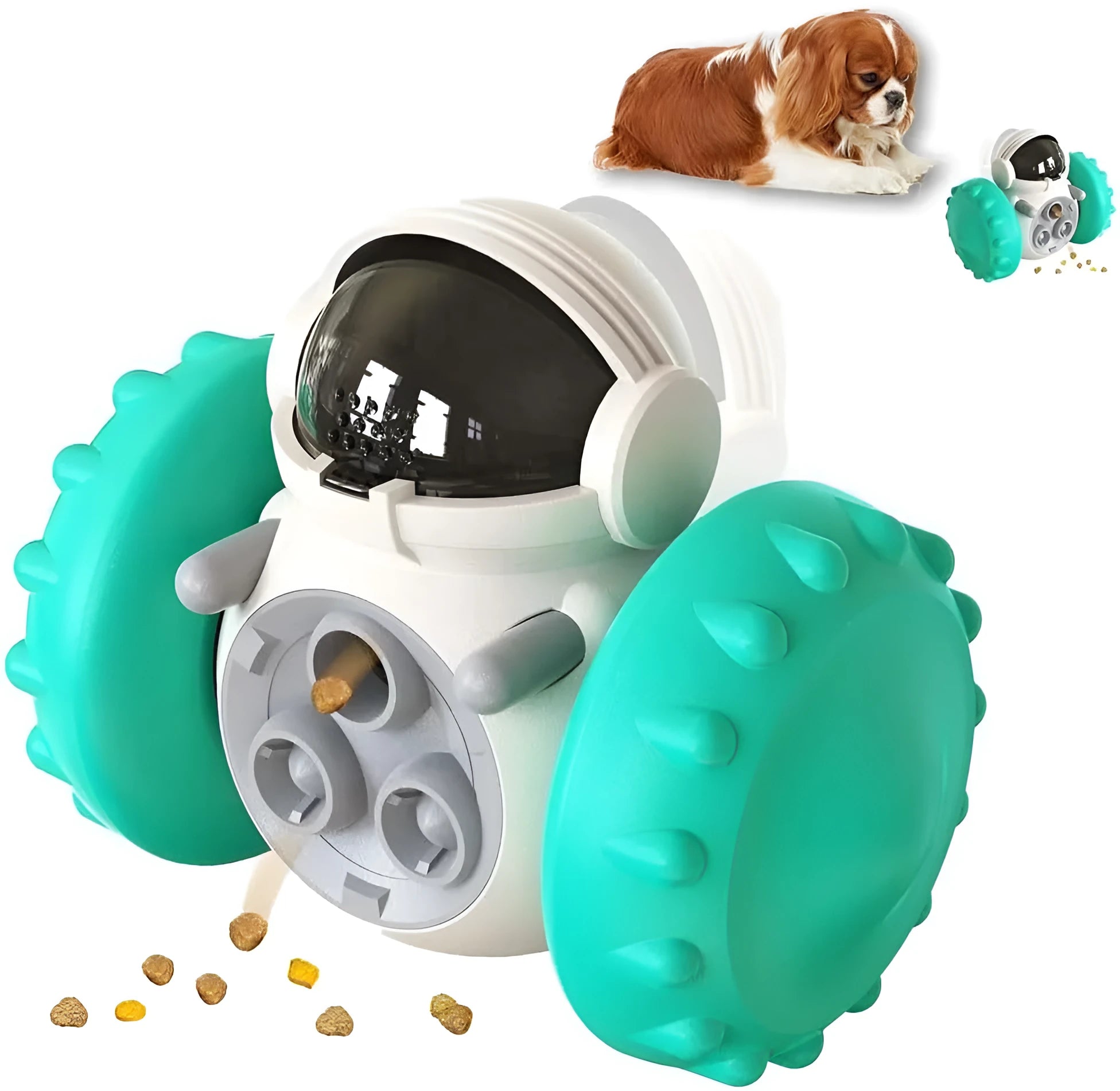 Interactive dog treat dispenser toy for small breeds in various colours with tumbler design