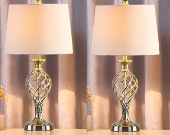 Silver alloy bedside table lamp with touch controls and USB charging port on base