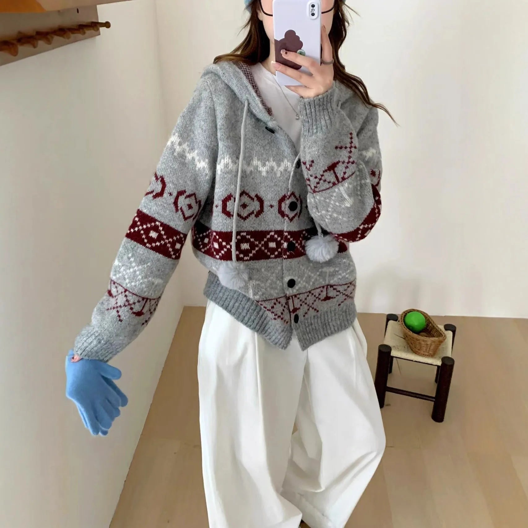 Women's plus size brocade geometric pattern acrylic sweater coat loose fit long sleeve