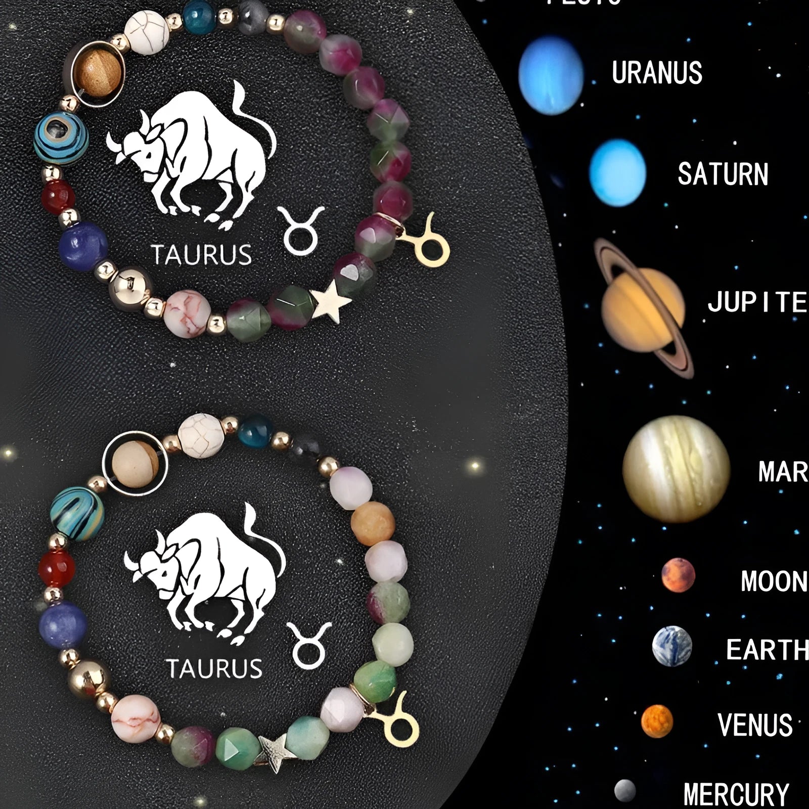 Two adjustable natural stone beaded bracelets showing zodiac sign designs on a neutral background