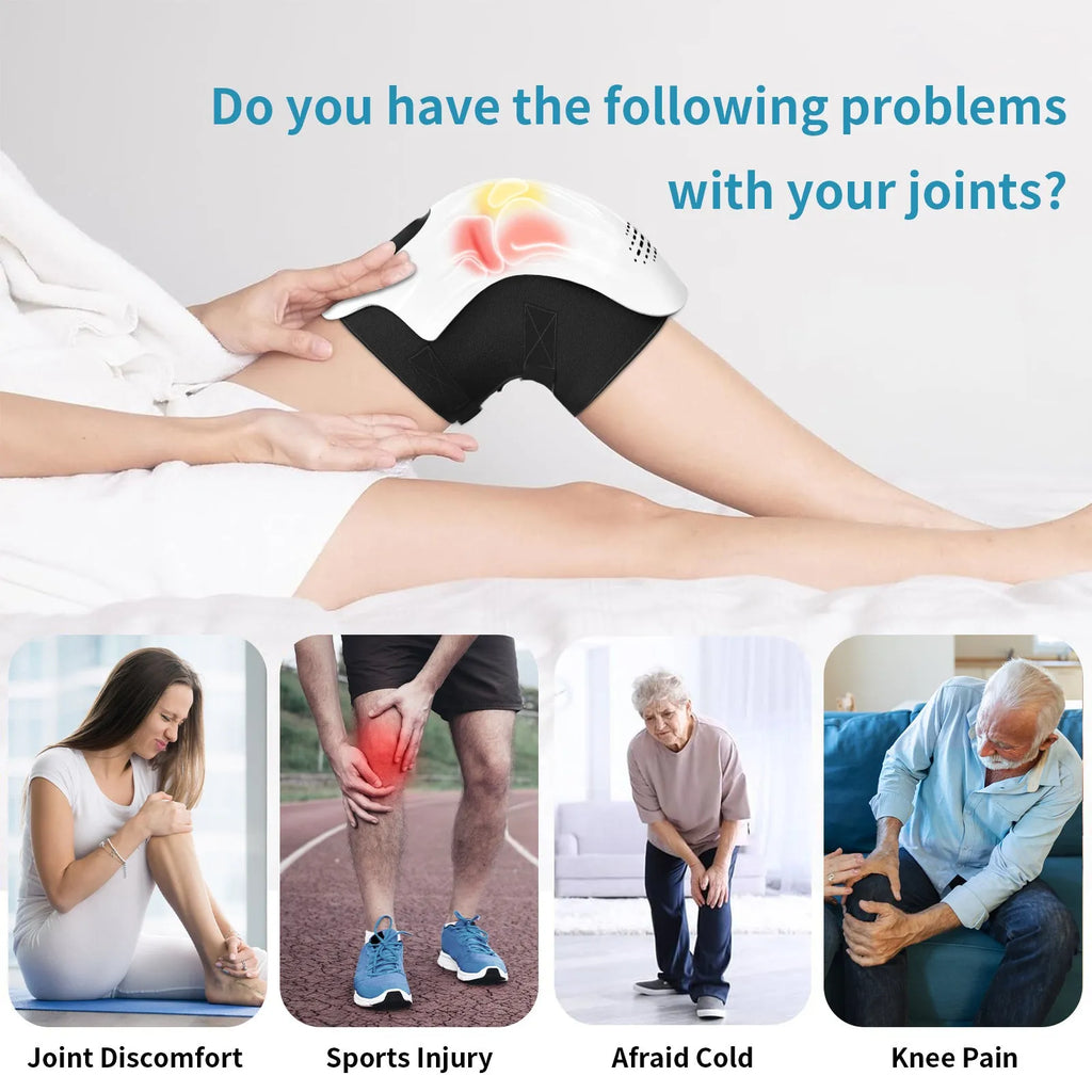 Electric knee massager with heating and vibration functions in white and wood colour options