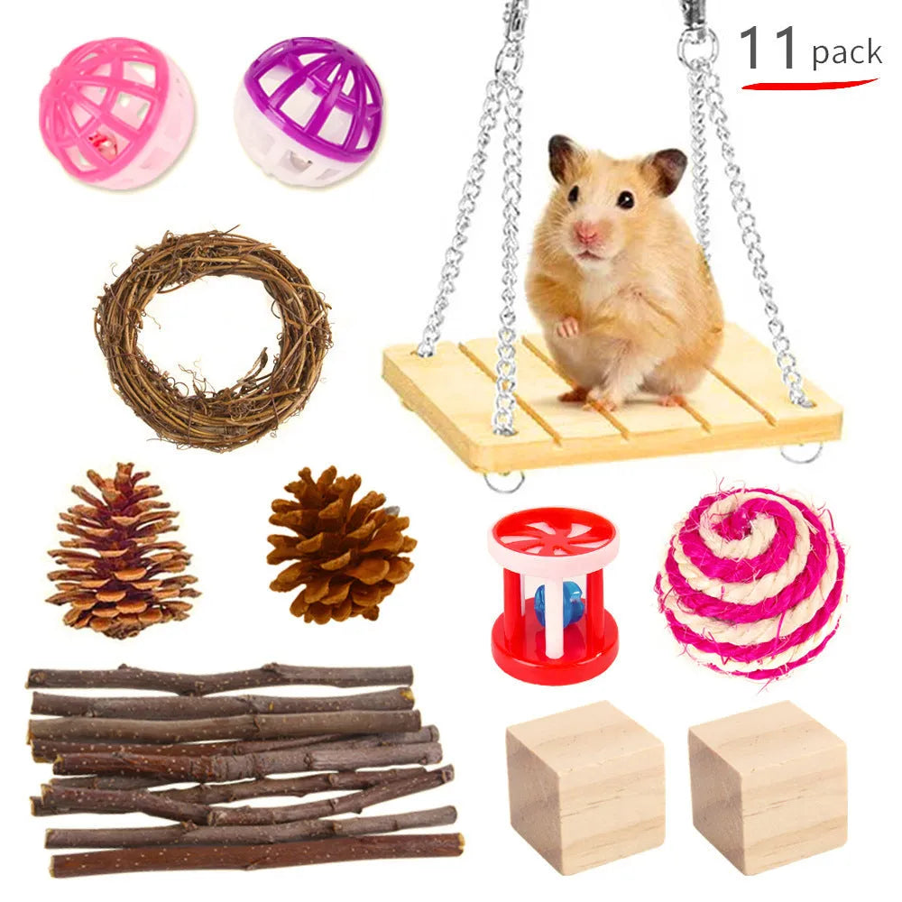 Natural wooden chewing toy set for small animals including straw mats, woven balls and plant-based components