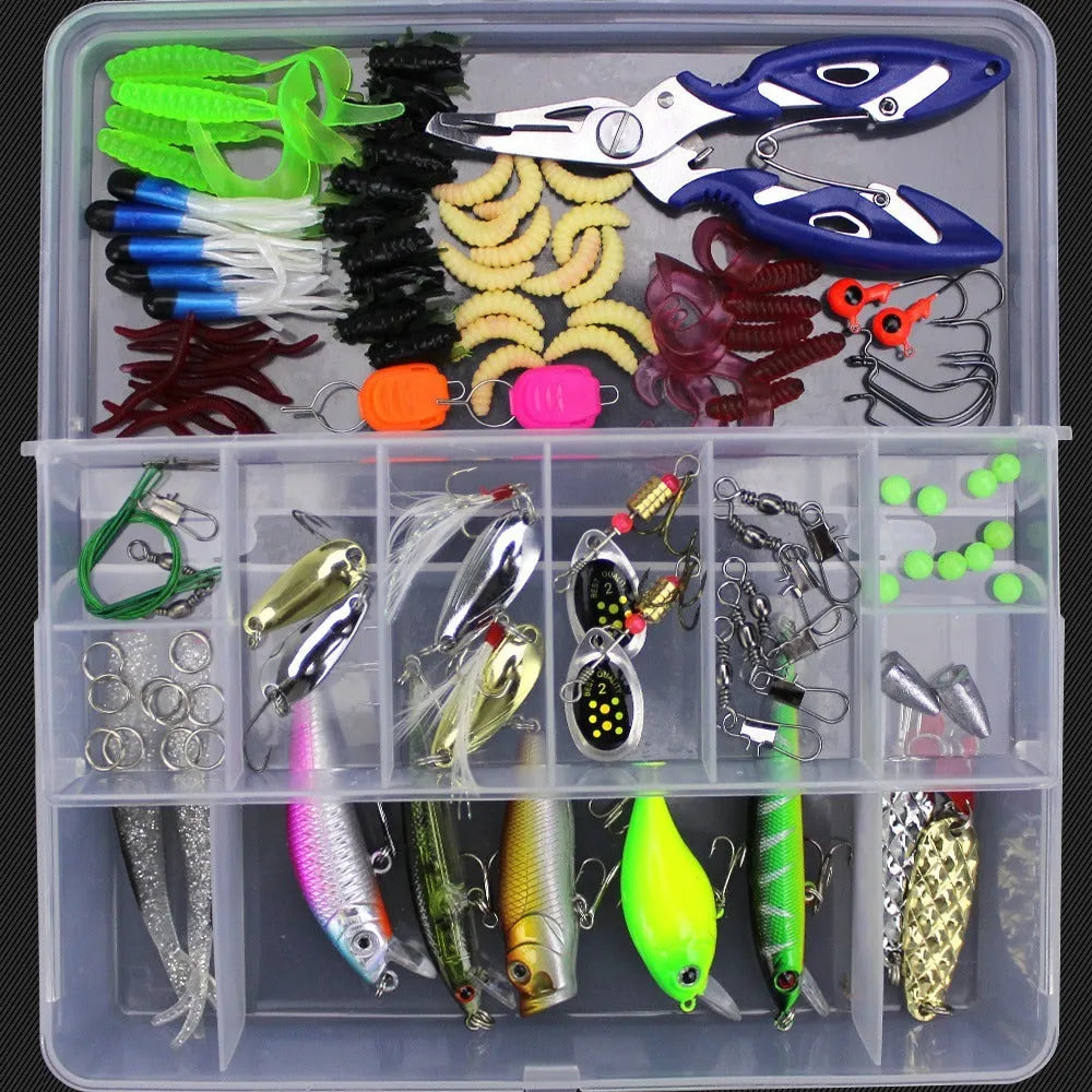 Junior entry-level fishing lure suit set in a hard black PP plastic storage box with multiple lures visible.