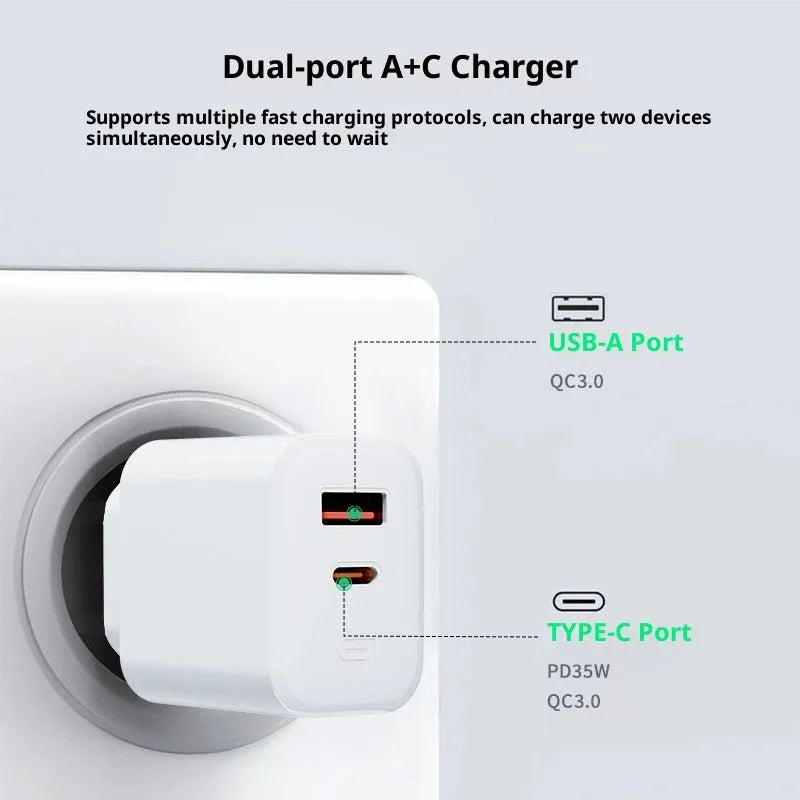 35W European standard multi-port USB charger in black with Type-C and USB-A ports on a white background