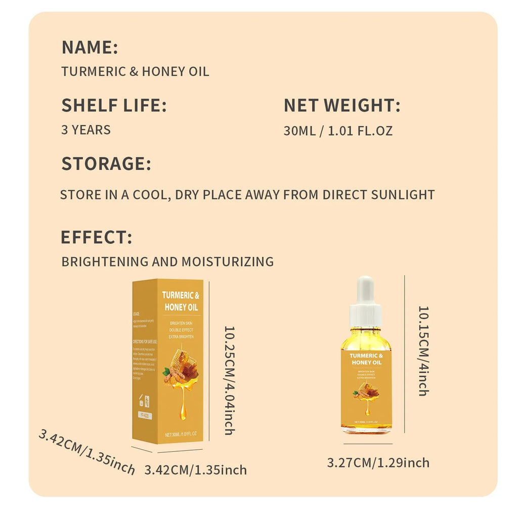 30ml bottle of turmeric honey essential oil for facial beauty in neutral packaging