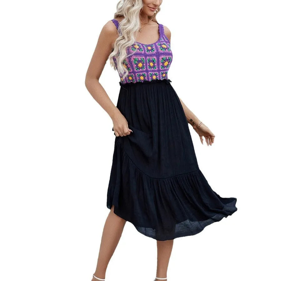 Purple women's sleeveless dress with detailed hand-hooked white floral embroidery on the skirt.