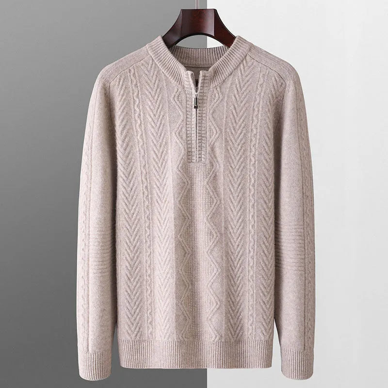 Men's pure wool diamond lattice pattern half-zip sweater in light camel colour
