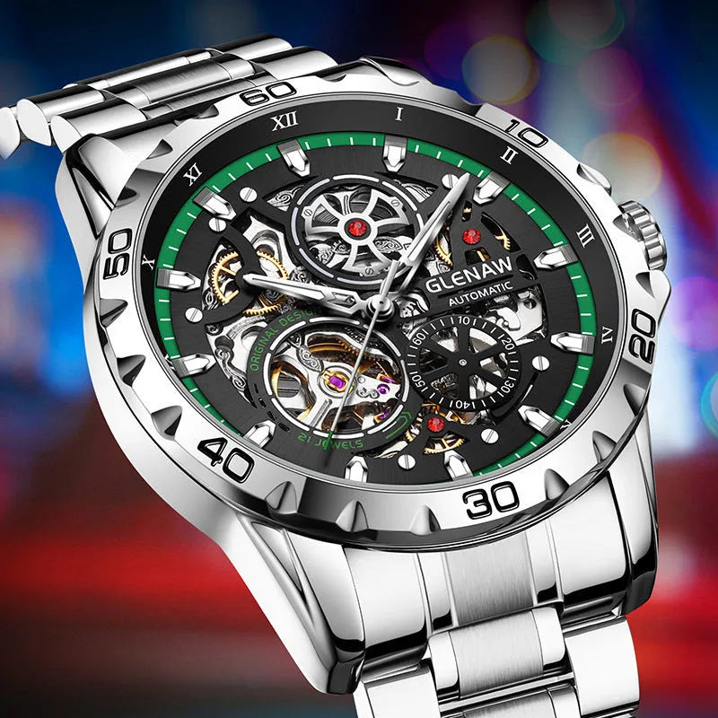 Men's automatic mechanical watch with hollow-out design showing movement and luminous markers on stainless steel strap