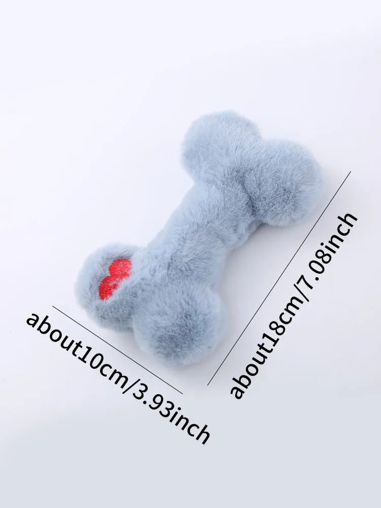 Blue plush bone-shaped dog toy with a squeaker for interactive bite-resistant play