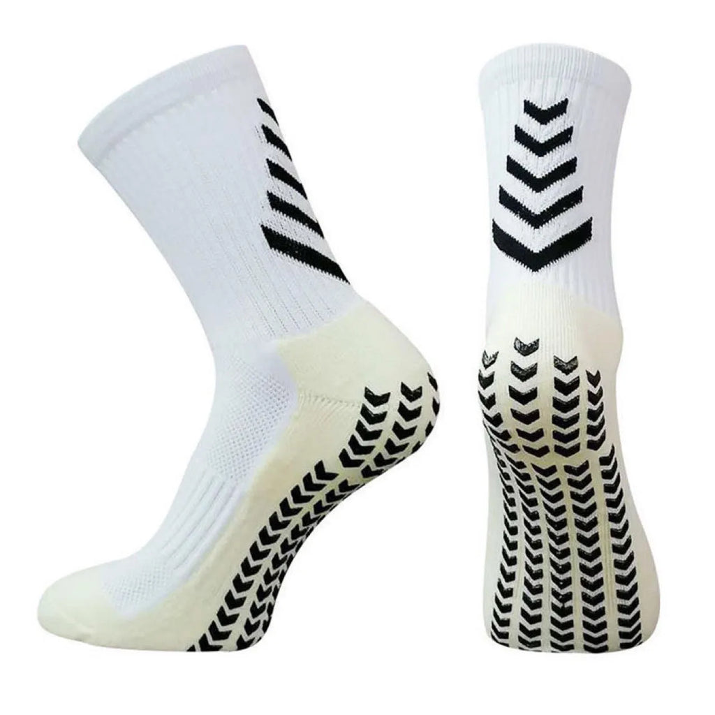 Men's mid-calf athletic socks with geometric patterns and non-slip silicone grips