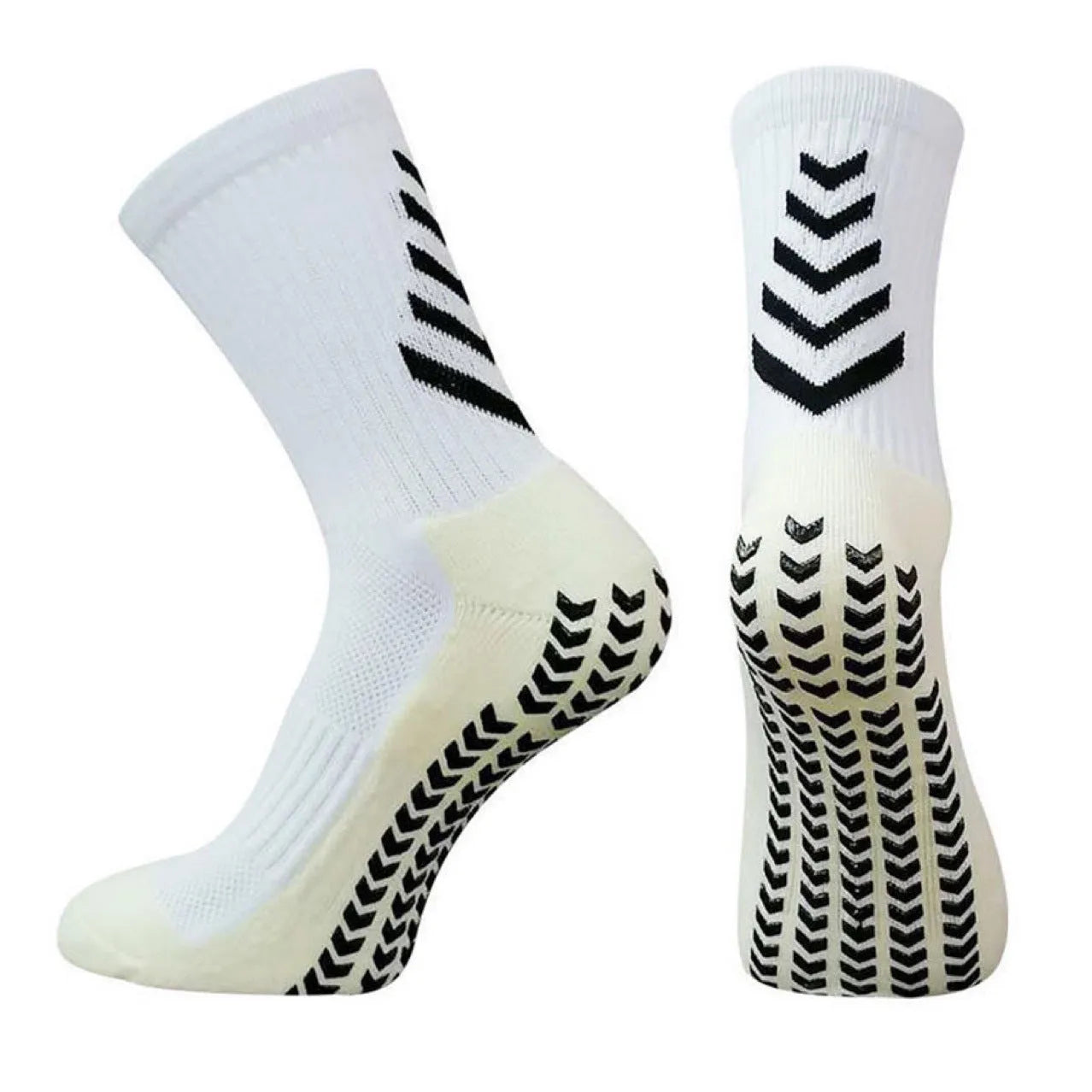 Men's mid-calf athletic socks with geometric patterns and non-slip silicone grips