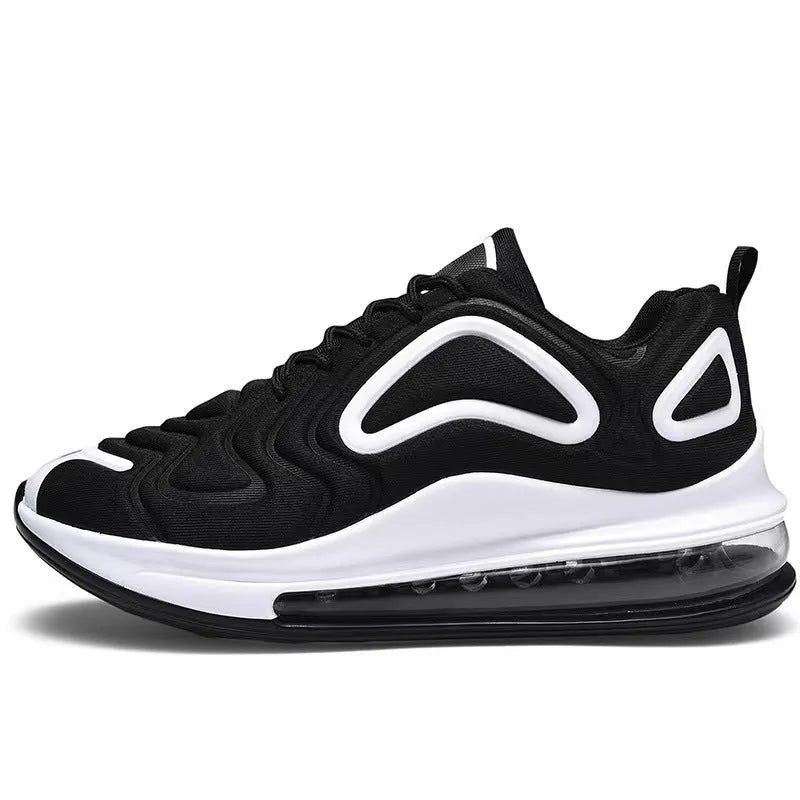 Men's black thick sole lace-up sneakers with a round toe and low-cut design.