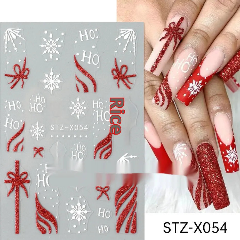 Close-up of a cartoon-style nail sticker with black and silver strips and a love pattern design on a fingernail.