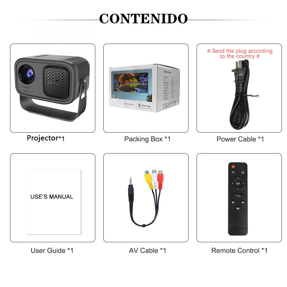 Black HD smart portable projector with remote control and multiple plug formats