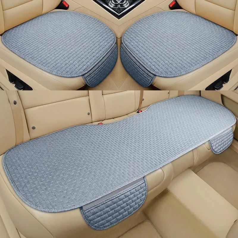 Linen car seat cushion set with hemmed edges in black and red, coffee, and cream colour options