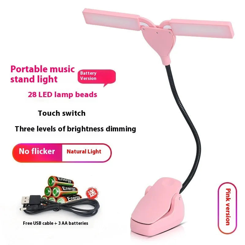 Black USB rechargeable music stand lamp with 28 LEDs mounted on a metal stand.