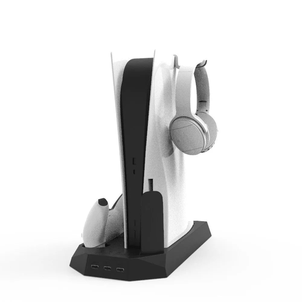 Black PS5 charging and cooling stand holding a console, controller, and headset.
