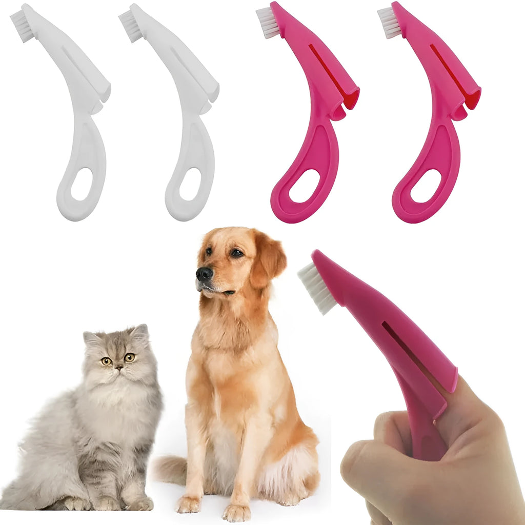 Red and white pet finger toothbrush with silicone bristles for dog and cat dental care.