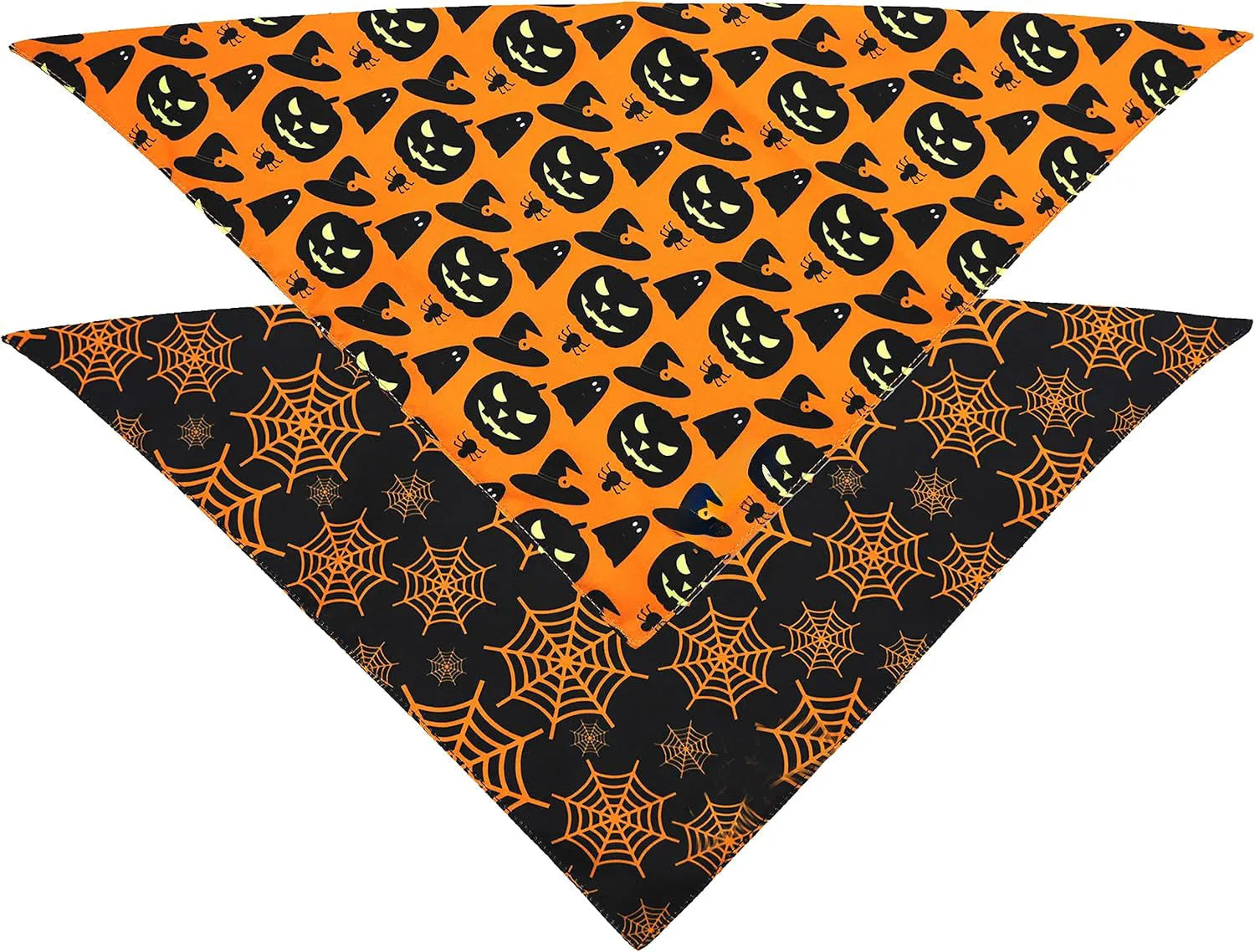 Black and orange reversible triangle dog bandana with Halloween pumpkin and spider web patterns.