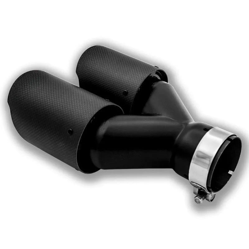 Black carbon fibre car exhaust pipe with double outlet tail nozzle, 250mm long
