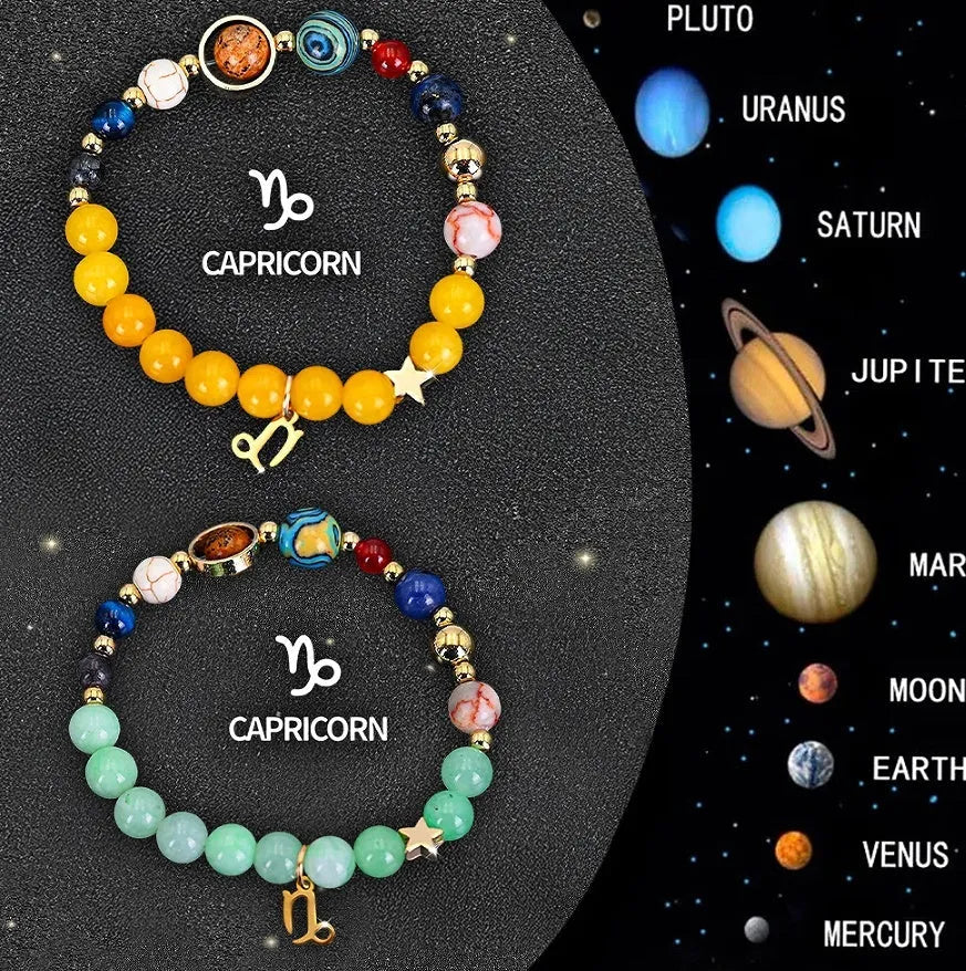Set of twelve natural stone zodiac bracelets showing detailed astrological charms on stretch cords
