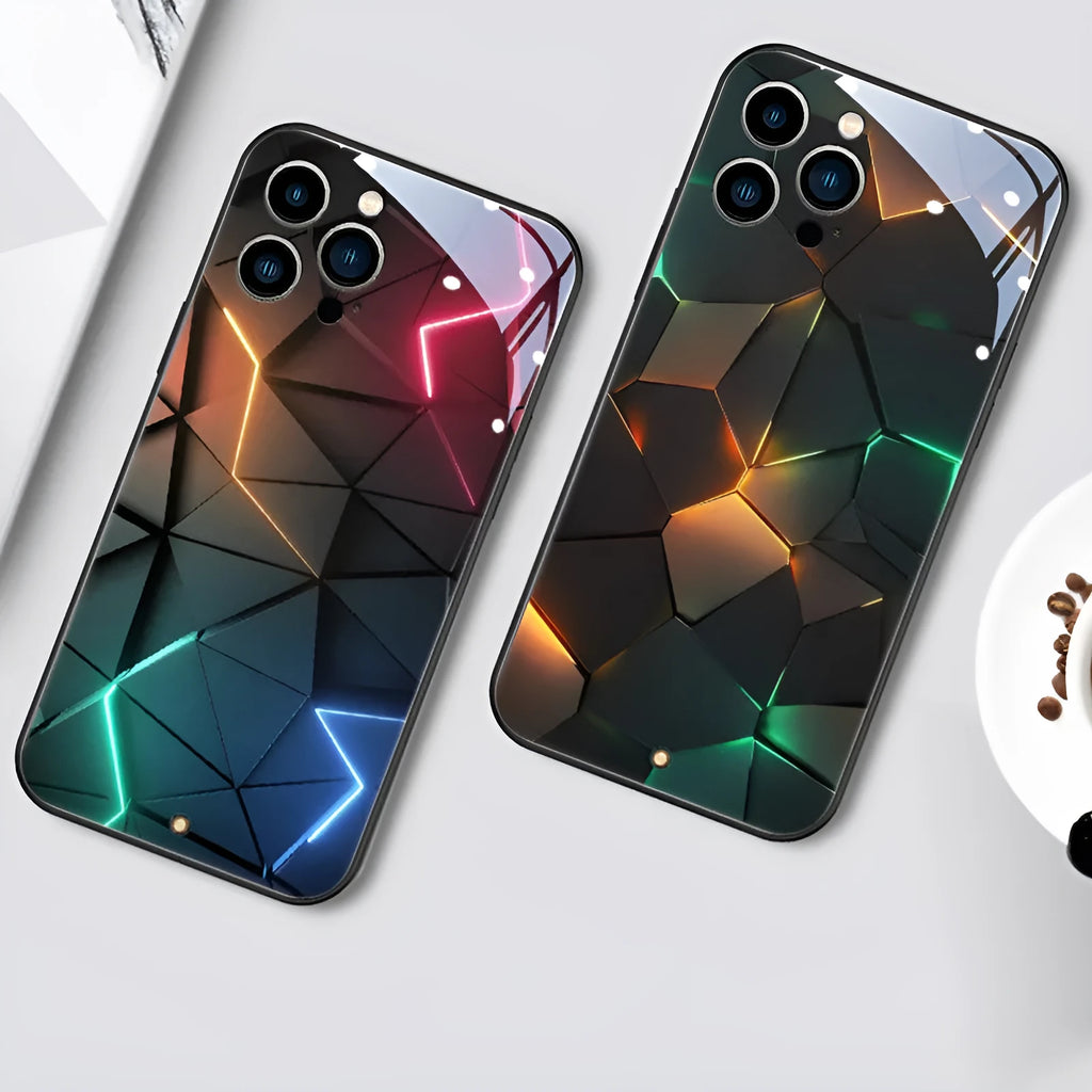 Xpress 14 clear tempered glass iPhone case with illuminated LED notification light on a table.