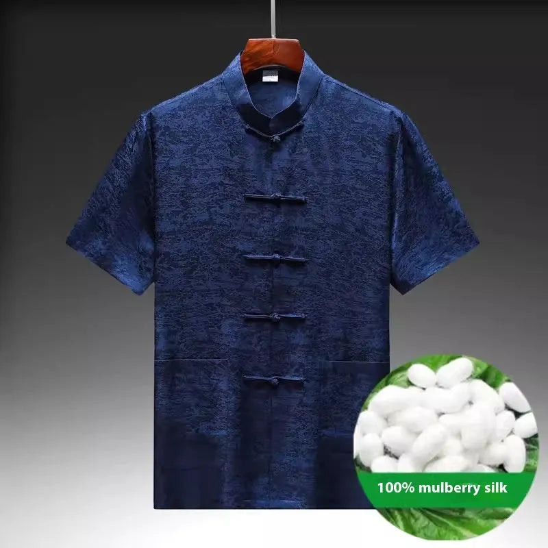 Men's traditional Chinese Tang suit in mulberry silk, available in light green, navy blue, and white.