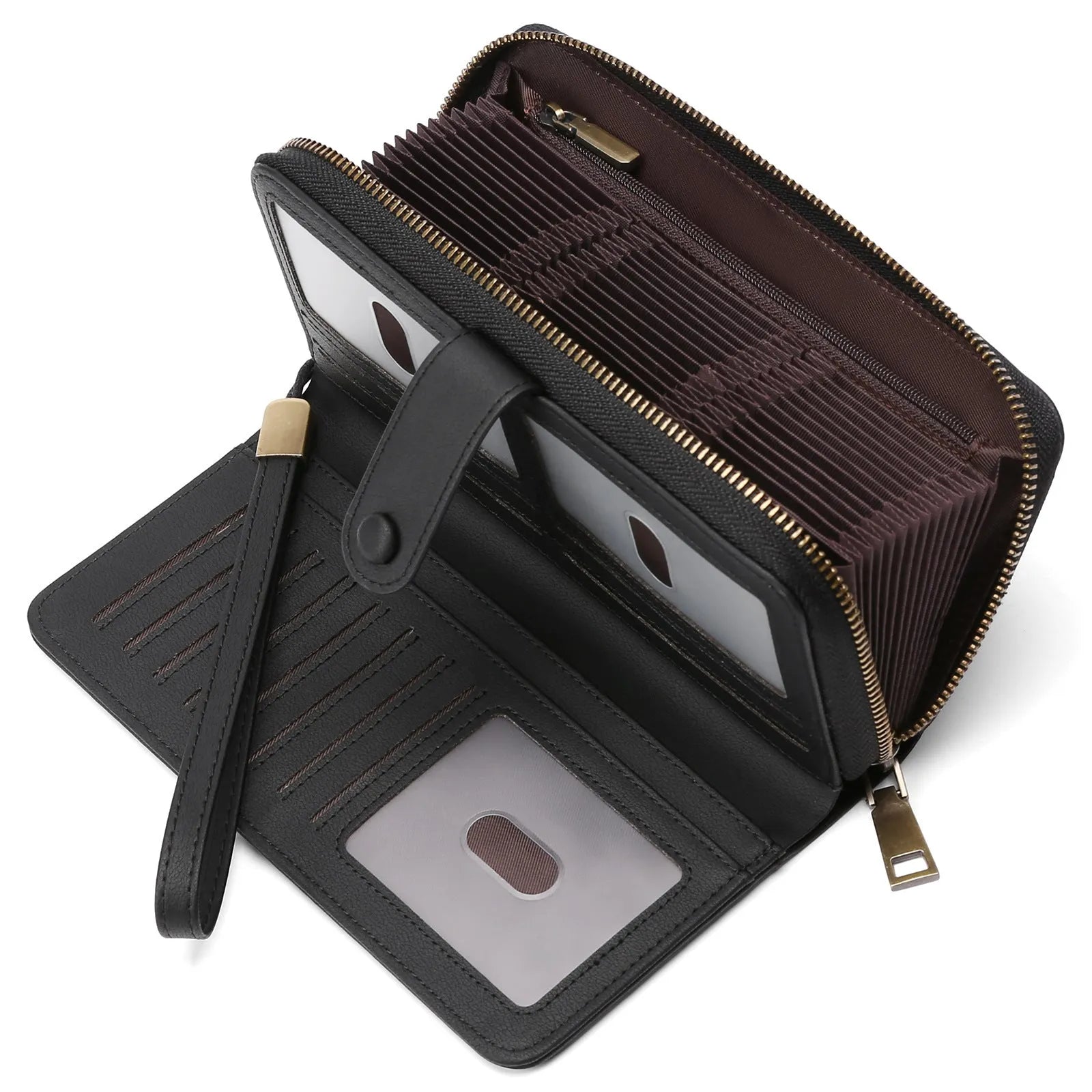 Women's expanding long wallet in denim blue showing card slots and passport pocket with anti-theft swiping feature