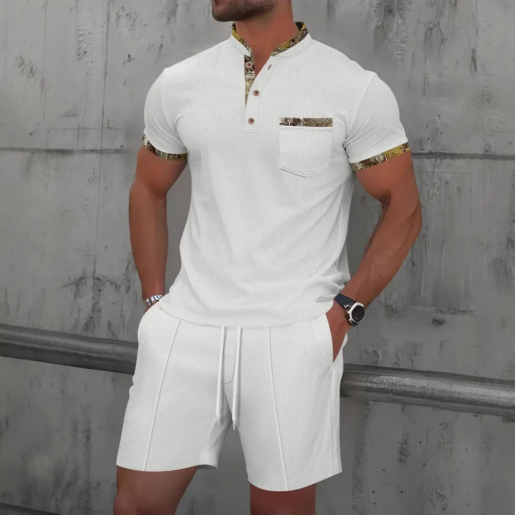 Men's grey waffle texture zipper polo collar short sleeve top with matching shorts sports set