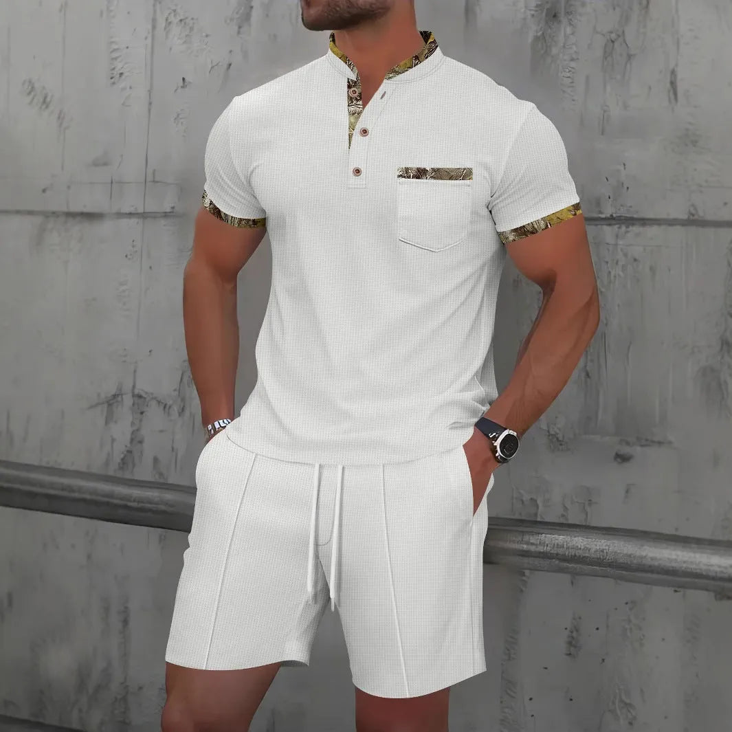 Men's grey waffle texture zipper polo collar short sleeve top with matching shorts sports set
