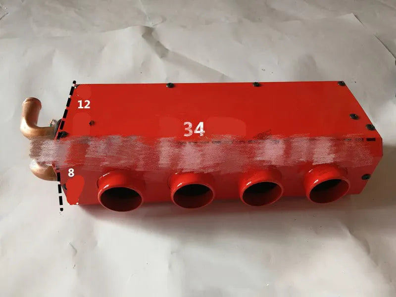 Metal car heating unit with copper piping for 12V/24V vehicle installation measuring 34x12x8cm