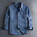 Men's retro cotton long sleeve shirt in light blue solid colour with cardigan style