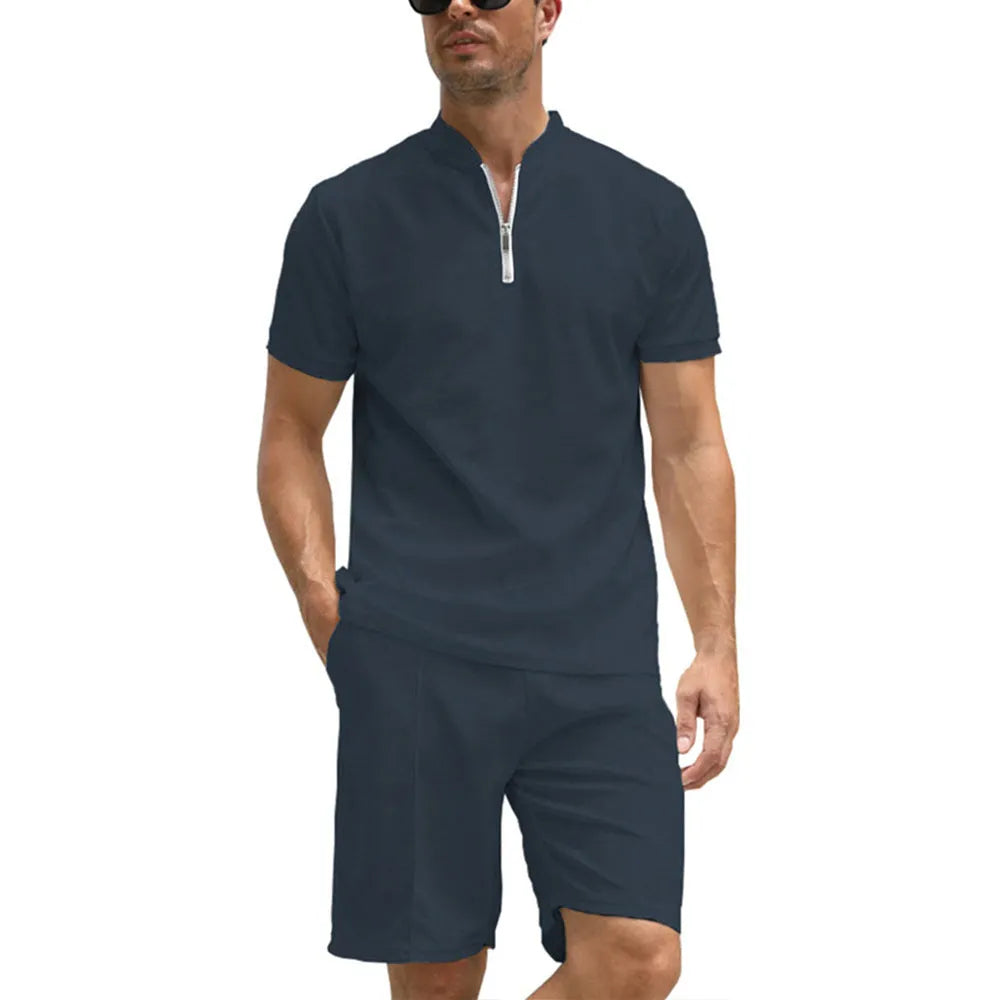 Men's solid colour two-piece polo set with short sleeves and matching trousers