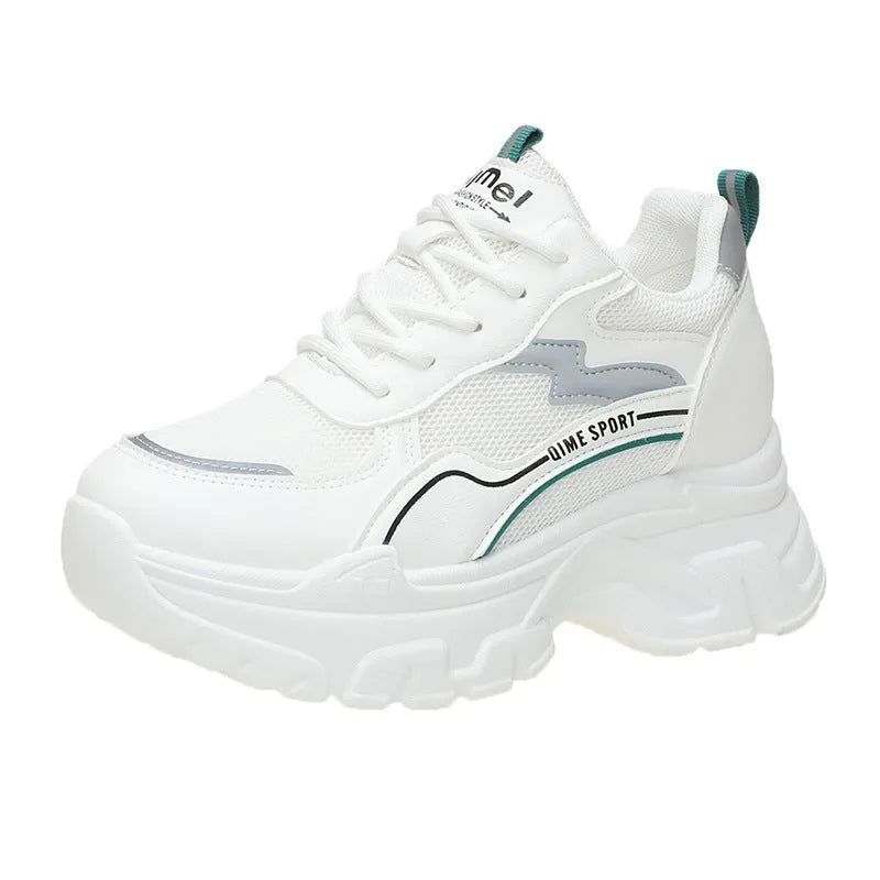 Women's white sports shoes with cross shoulder straps and height increasing insoles