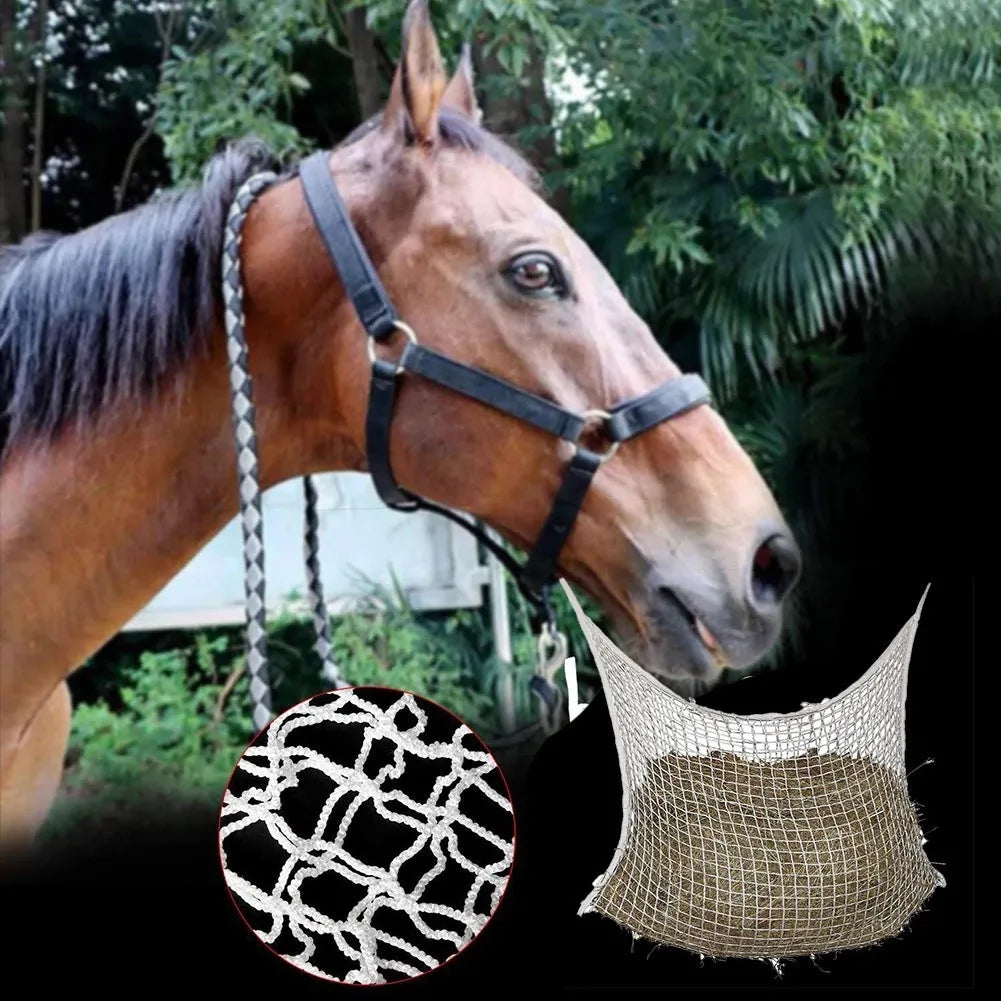 Woven grid horse feeding bag in black or white colours with hanging straps for livestock feeding