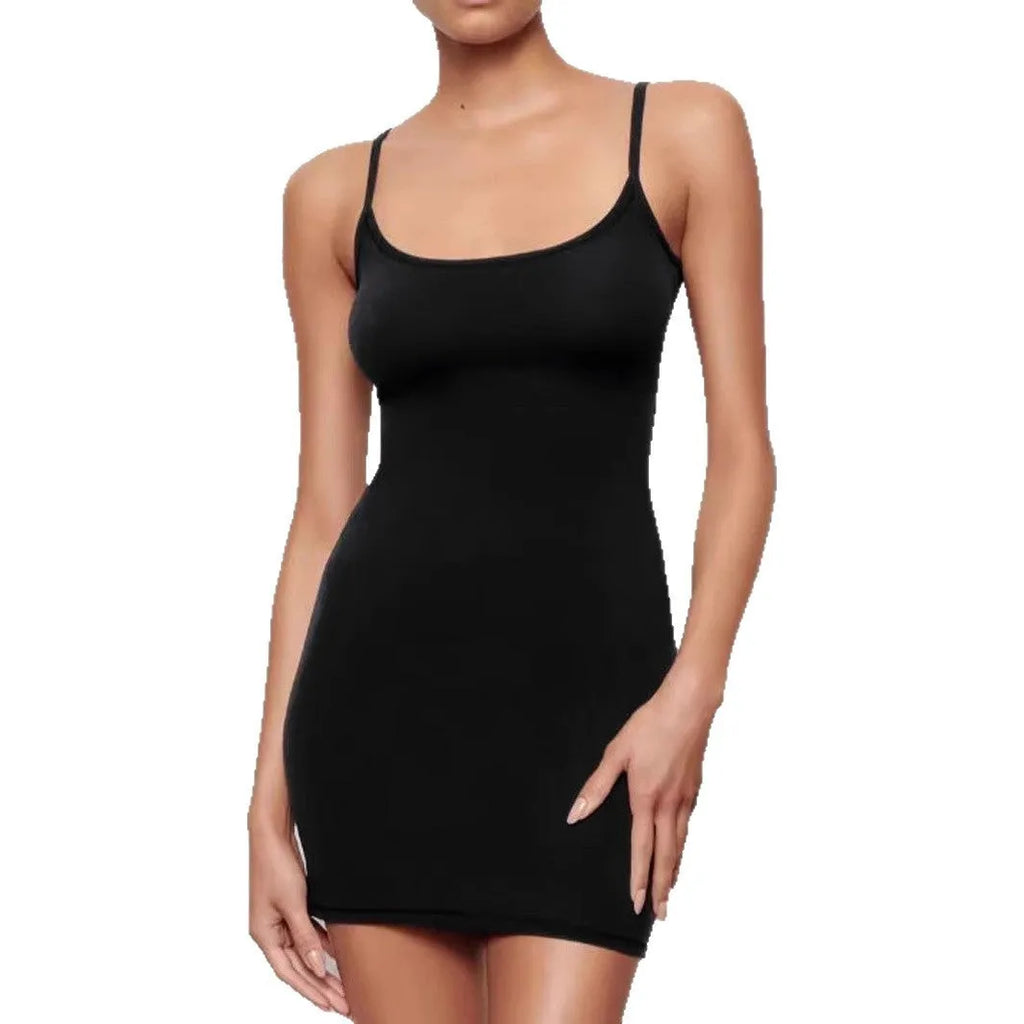 Black slim sheath sling dress with sleeveless design and short mini length