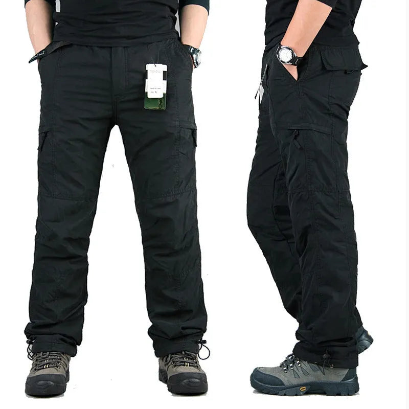 Men's thickened velvet overalls with wool lining in khaki colour, showing loose fit and straight leg style.