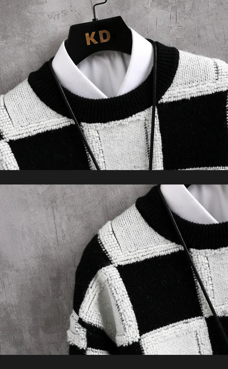 Men's loose fit plaid round neck sweater in black and white acrylic fabric