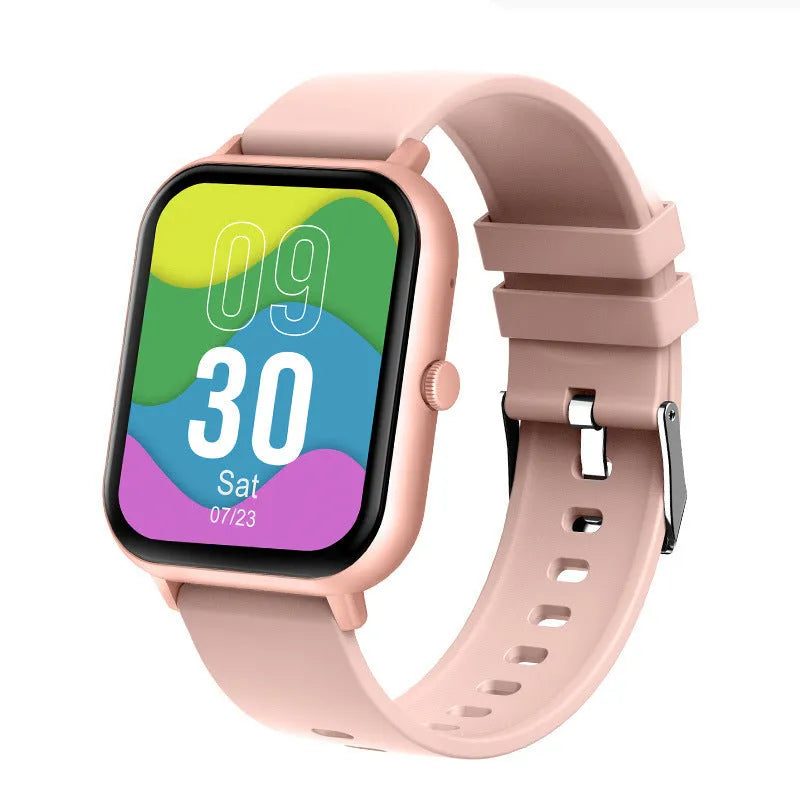 Smart watch with AMOLED display showing health metrics including heart rate, blood pressure and blood oxygen readings
