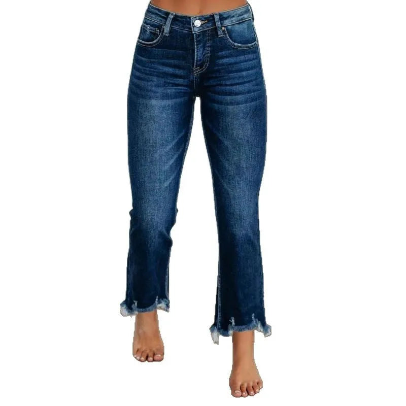 Women's hand-worn denim jeans in dark blue and light blue cotton fabric casual trousers