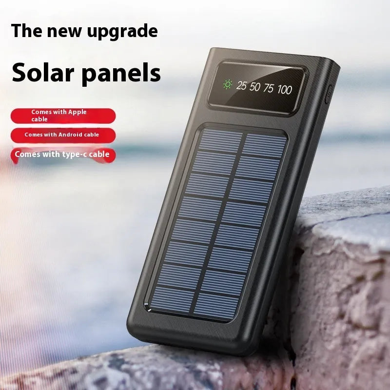 Black and white solar power bank with USB port and 20000mAh capacity for mobile phones