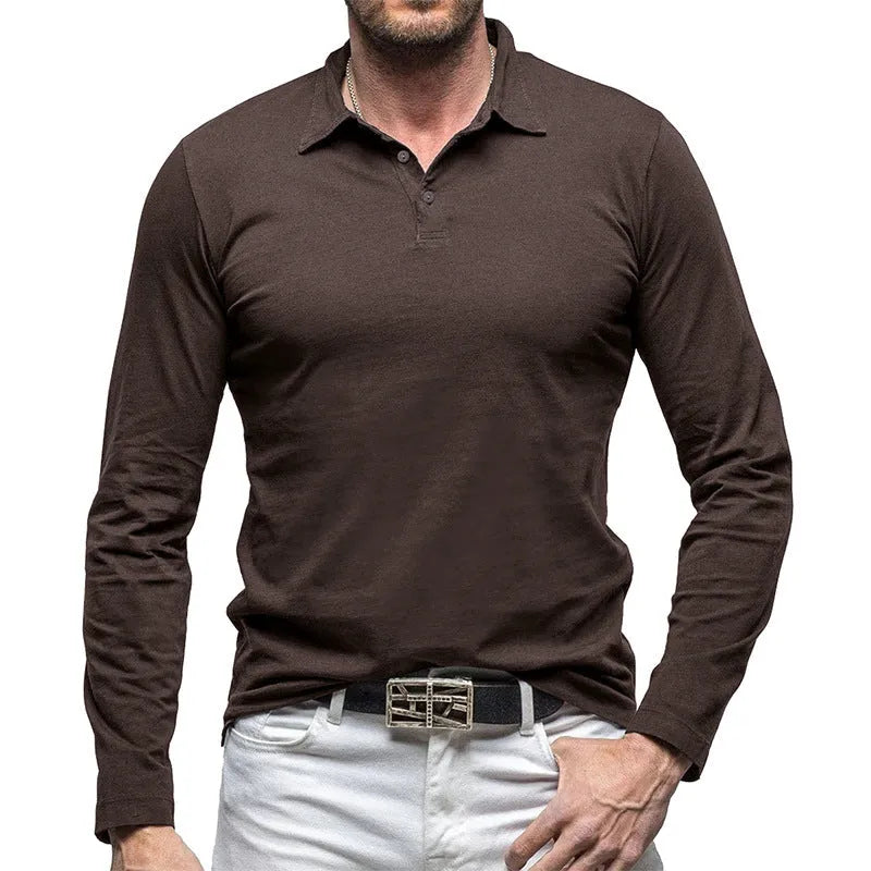 Men's polo collar long sleeve T-shirt in American retro style cotton fabric
